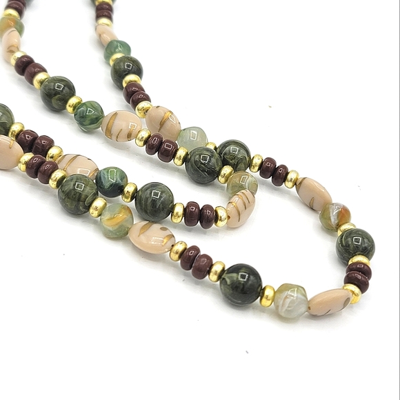 Polished Stone Earth Tone Beaded Necklace with Mixed Materials Boho Vintage - Picture 4 of 5